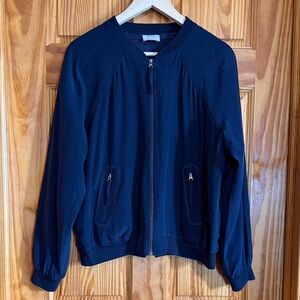 Elegant Women's Dark Blue Silk Bomber Jacket